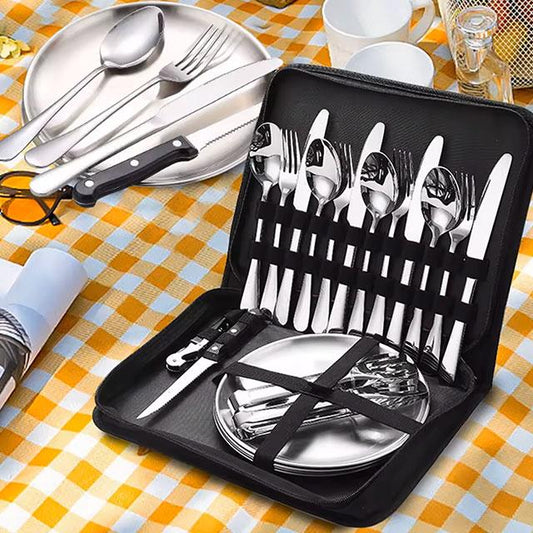 Camping Silverware Kit – 10/20PCS Stainless Steel Utensil Set with Plate, Spoon, Knife, Fork & Tongs for Picnic & Hiking