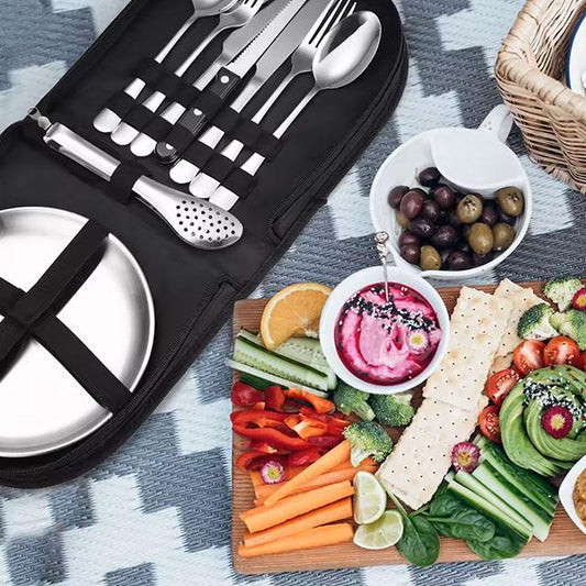 Camping Silverware Kit – 10/20PCS Stainless Steel Utensil Set with Plate, Spoon, Knife, Fork & Tongs for Picnic & Hiking