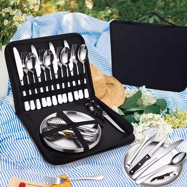 Camping Silverware Kit – 10/20PCS Stainless Steel Utensil Set with Plate, Spoon, Knife, Fork & Tongs for Picnic & Hiking