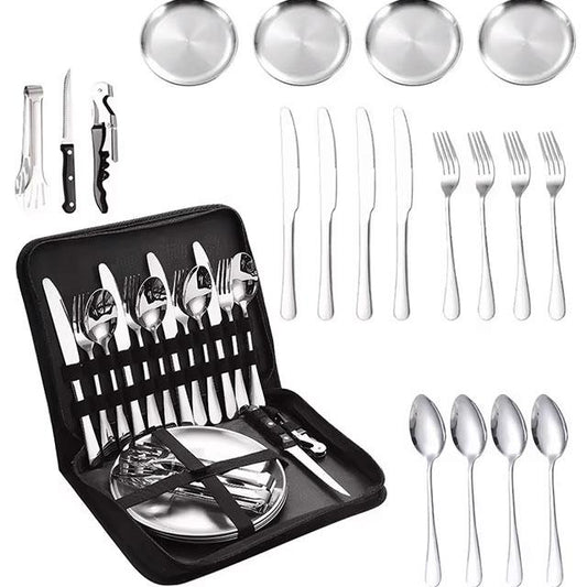 Camping Silverware Kit – 10/20PCS Stainless Steel Utensil Set with Plate, Spoon, Knife, Fork & Tongs for Picnic & Hiking