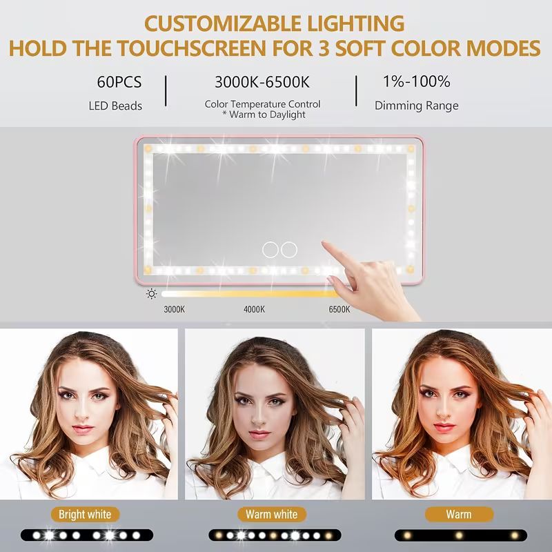 مرآة زينة واقية من الشمس للسيارة مع أضواء LED – 3 أوضاع إضاءة ملونة وتحكم باللمس قابل للتعتيم – منظم مدمج بواقي الشمس للسيارة ومرآة تجميل داخلية للنساء
