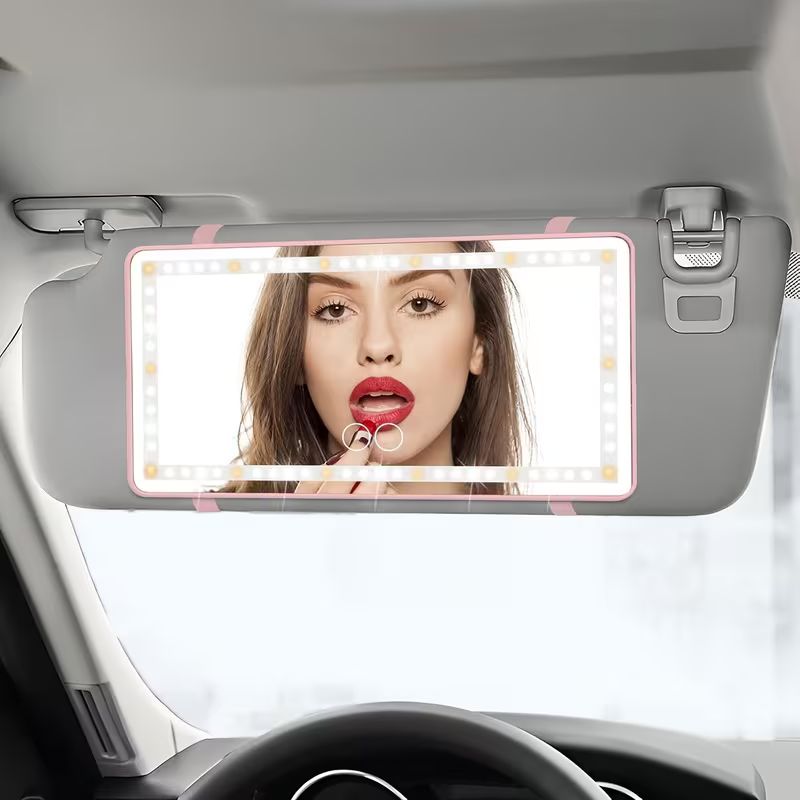 مرآة زينة واقية من الشمس للسيارة مع أضواء LED – 3 أوضاع إضاءة ملونة وتحكم باللمس قابل للتعتيم – منظم مدمج بواقي الشمس للسيارة ومرآة تجميل داخلية للنساء