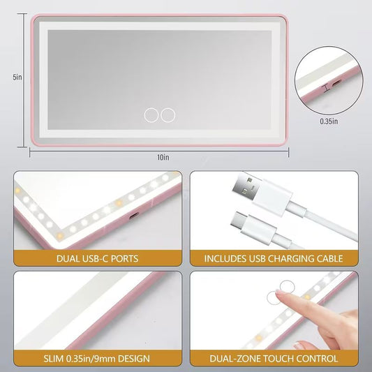 Car Sun Visor Vanity Mirror with LED Lights – 3 Color Lighting Modes & Dimmable Touch Control – Built-in Car Sun Visor Organizer & Interior Beauty Mirror for Women