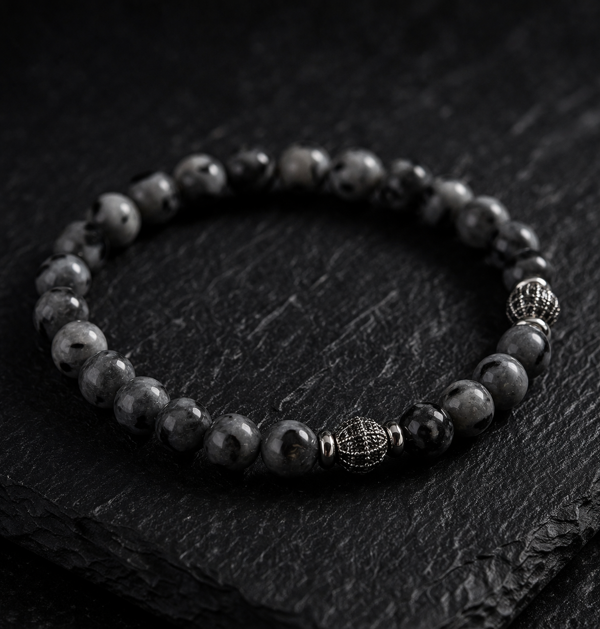 Grey Natural Stone Beaded Bracelet for Men – Matte & Faceted Beads with Zircon Disco Ball Accent