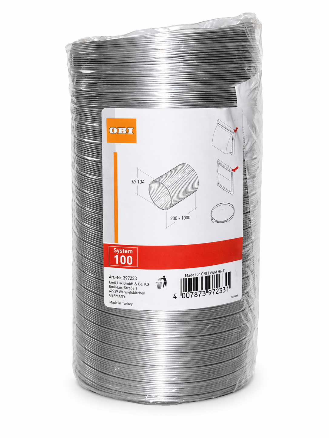 OBI Gaine de ventilation flexible en aluminium Ø100mm (10cm) – Conduit d'air extensible pour l'extraction, la climatisation et la ventilation de cuisine