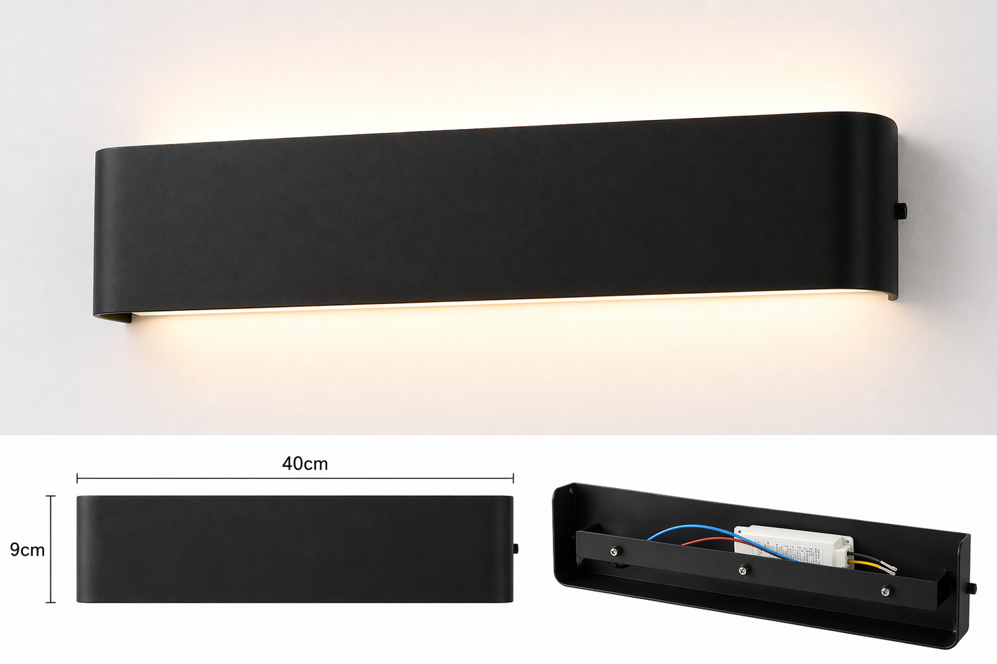 Modern LED Wall Lamp 40×9cm – Black Minimalist Wall Mounted Light Fixture for Bedroom, Living Room & Hallway