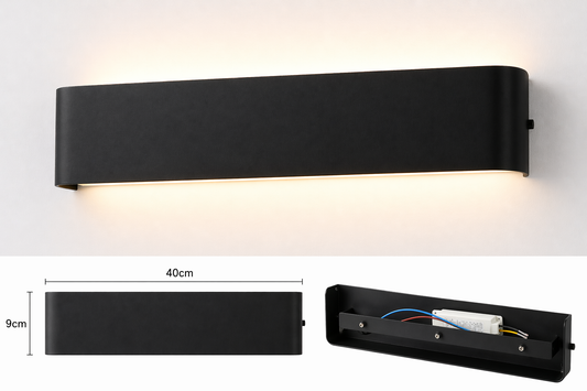 Modern LED Wall Lamp 40×9cm – Black Minimalist Wall Mounted Light Fixture for Bedroom, Living Room & Hallway