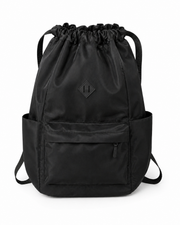 Sac à dos noir à cordon avec poche zippée – Sac de voyage décontracté léger en nylon (43x36cm)