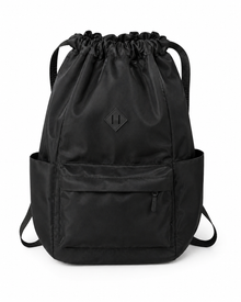 Sac à dos noir à cordon avec poche zippée – Sac de voyage décontracté léger en nylon (43x36cm)