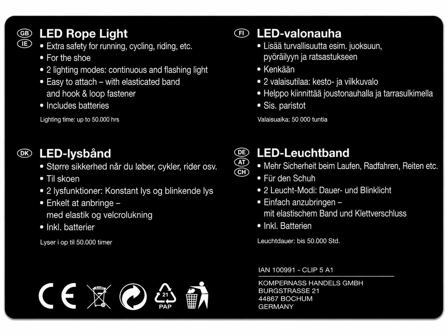 Crivit Sports LED Rope Light for Shoes | Safety LED Clip Band for Running, Cycling, Walking & Outdoor Activities | Black