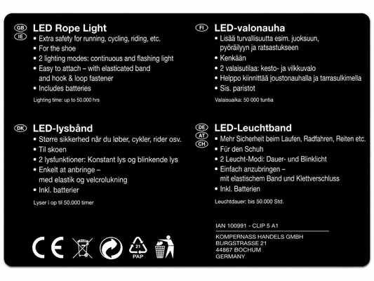 Crivit Sports LED Rope Light for Shoes | Safety LED Clip Band for Running, Cycling, Walking & Outdoor Activities | Black