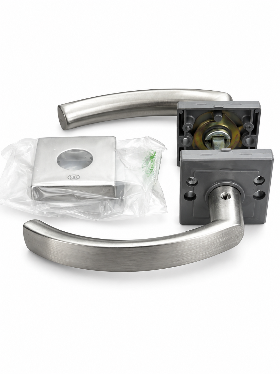 Stainless Steel Door Handle Set with Square Rose 4.5 × 4.5 cm | Modern Interior Lever Door Handle – Satin Silver