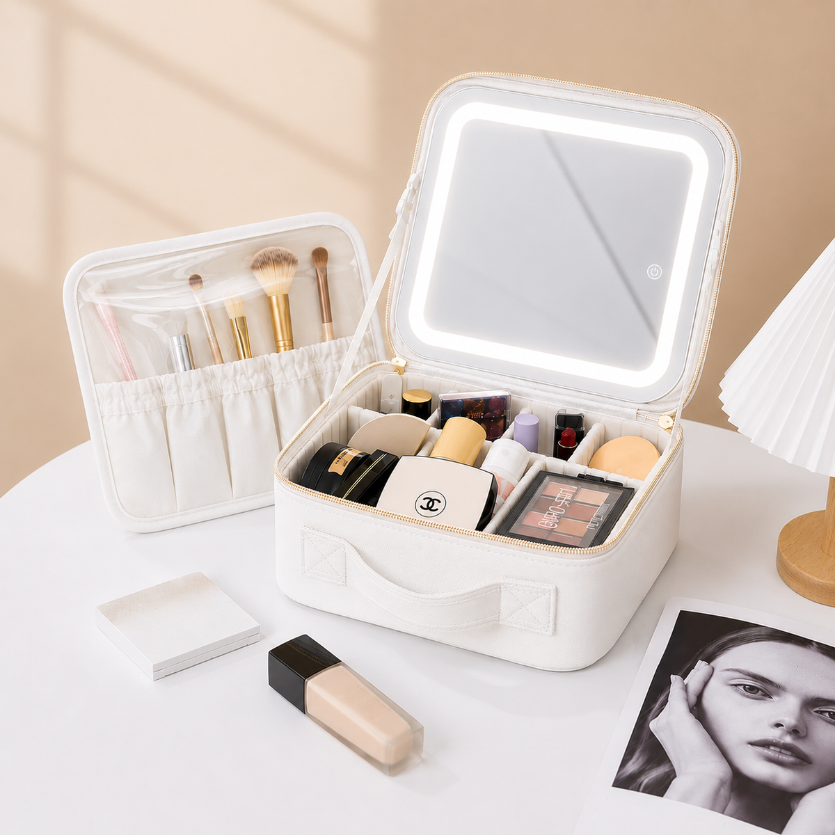 Portable Smart LED Makeup Bag with Mirror – White Travel Cosmetic Organizer Case with Adjustable LED Light & Storage Compartments