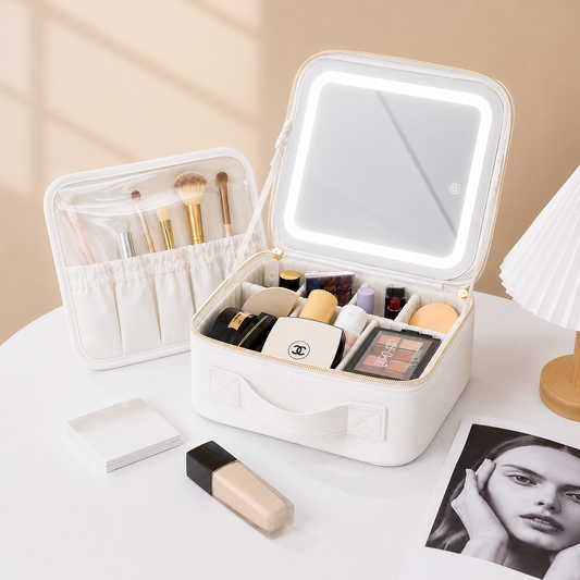 Portable Smart LED Makeup Bag with Mirror – White Travel Cosmetic Organizer Case with Adjustable LED Light & Storage Compartments