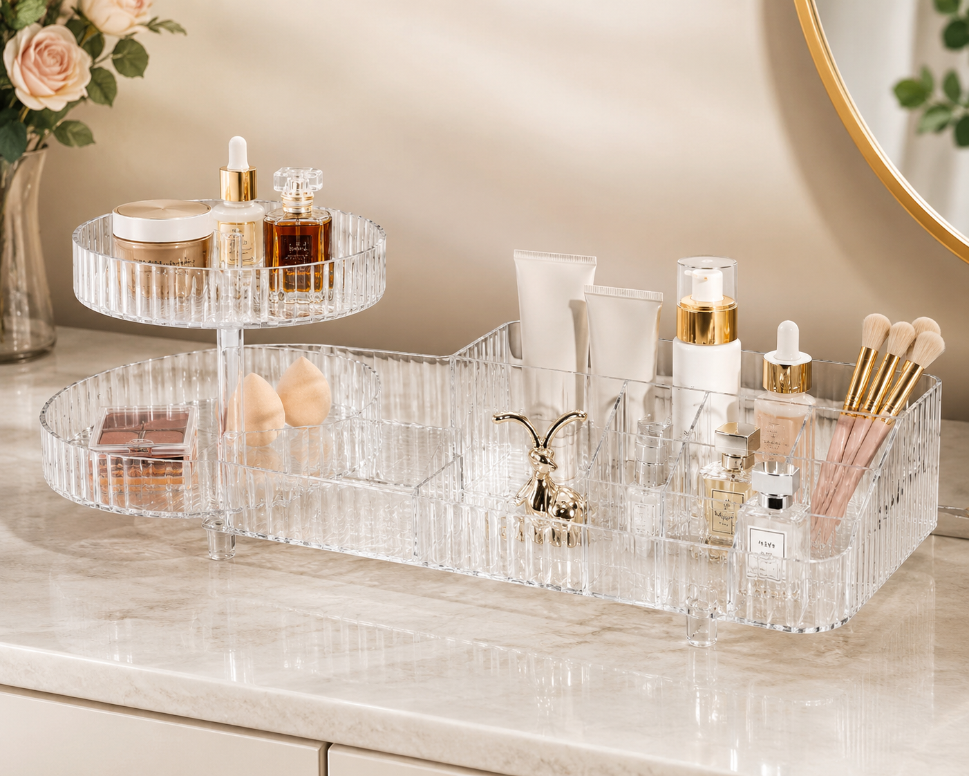 Clear Acrylic Makeup Organizer with Rotating Tray – Multi-Compartment Cosmetic Storage Holder for Skincare, Perfume & Beauty Accessories