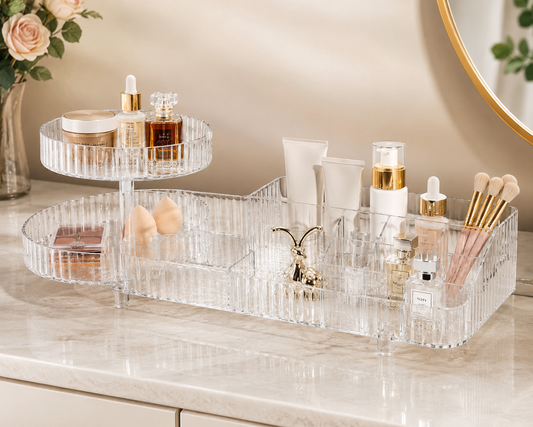 Clear Acrylic Makeup Organizer with Rotating Tray – Multi-Compartment Cosmetic Storage Holder for Skincare, Perfume & Beauty Accessories