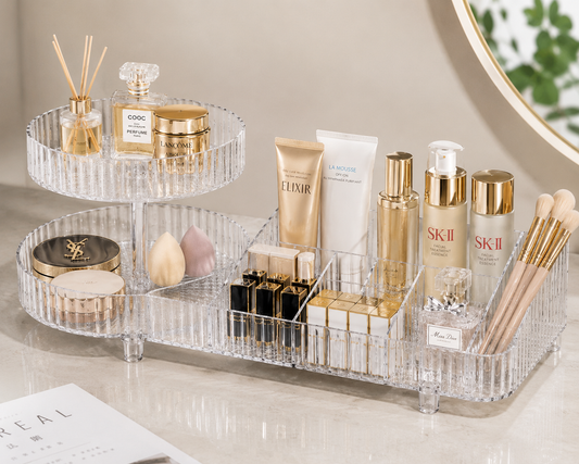 Clear Acrylic Makeup Organizer with Rotating Tray – Multi-Compartment Cosmetic Storage Holder for Skincare, Perfume & Beauty Accessories