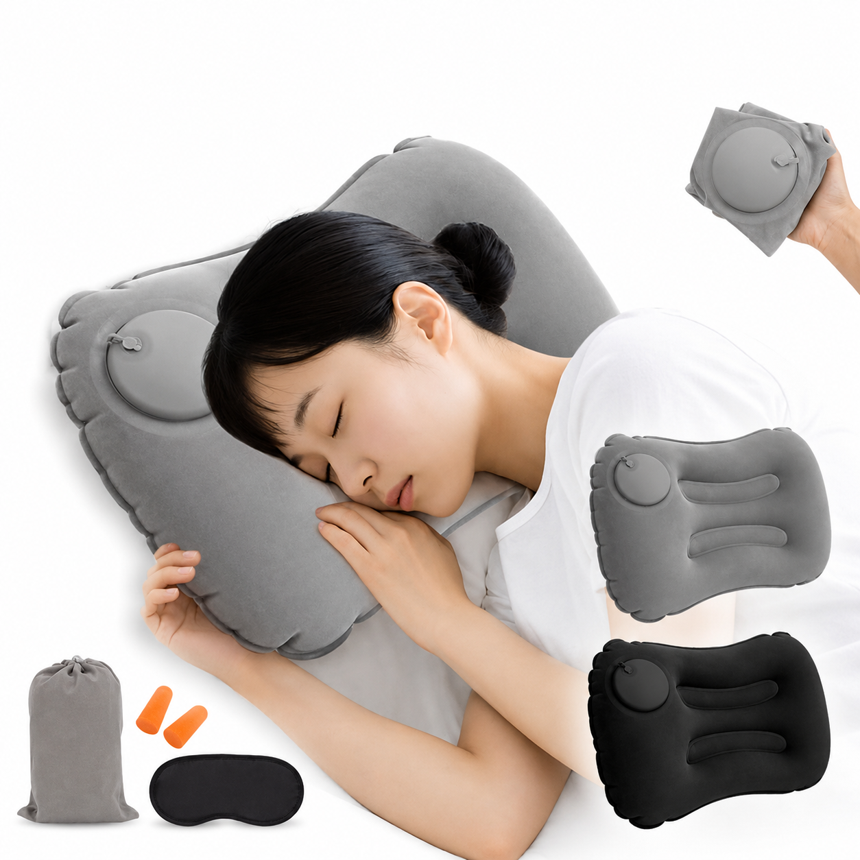 Inflatable Travel Pillow with Eye Mask & Earplugs – Portable Air Cushion for Airplanes, Cars & Camping