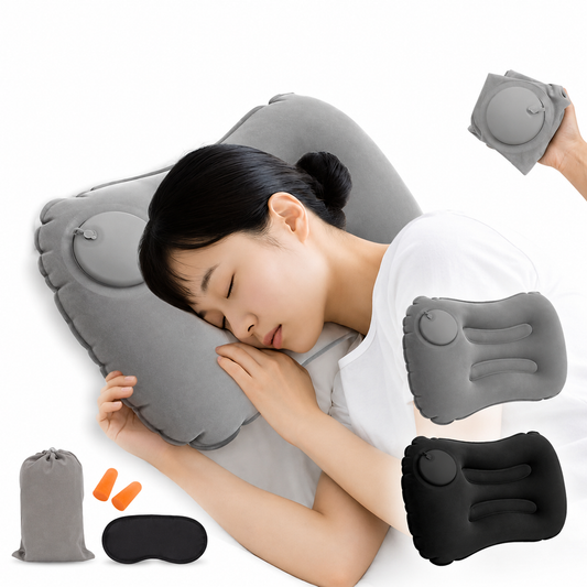 Inflatable Travel Pillow with Eye Mask & Earplugs – Portable Air Cushion for Airplanes, Cars & Camping