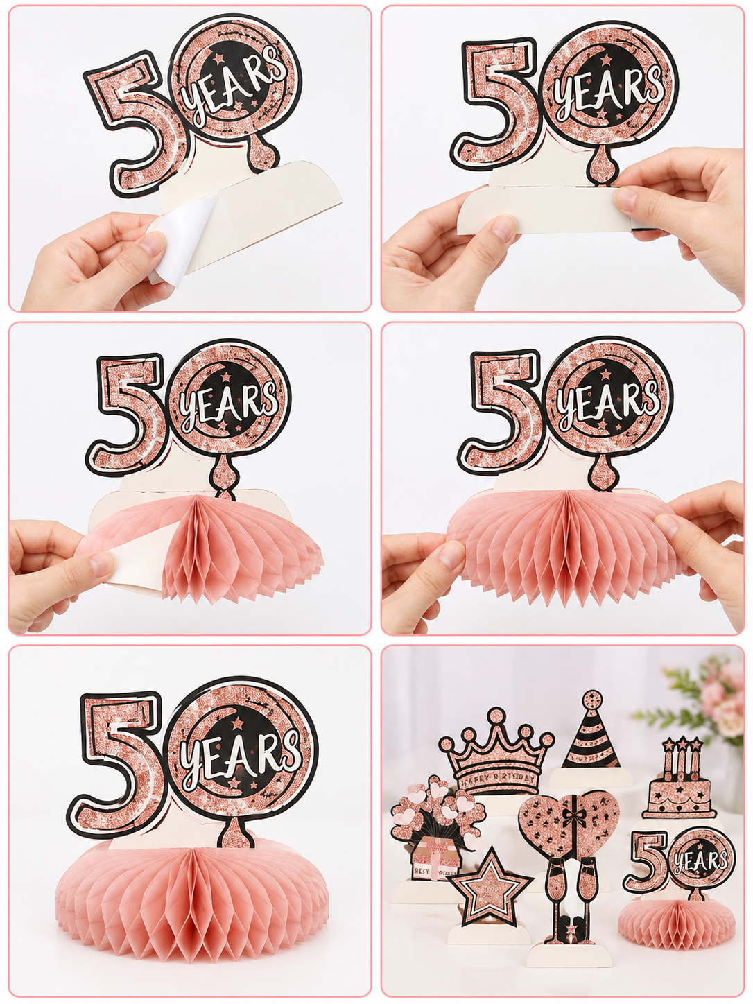 8-Piece 50th Birthday Table Centerpiece Decorations – Rose Gold Glitter Honeycomb Party Décor Set