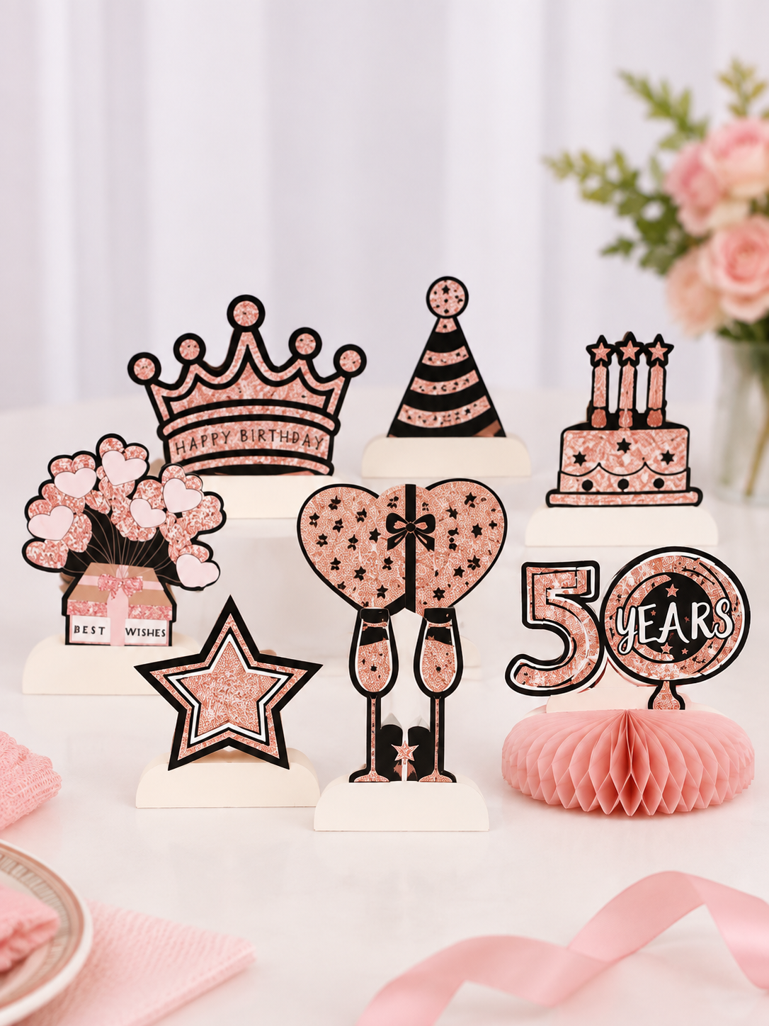 8-Piece 50th Birthday Table Centerpiece Decorations – Rose Gold Glitter Honeycomb Party Décor Set