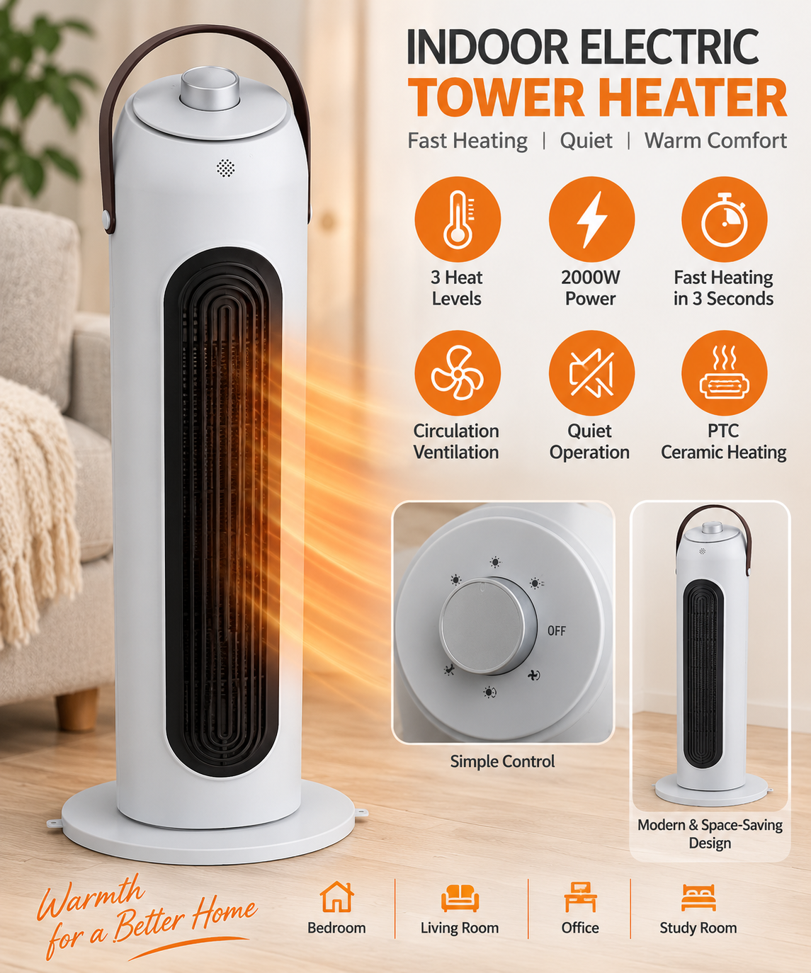 2000W PTC Ceramic Tower Fan Heater – 3 Heat Levels, Fast Heating & Circulation Ventilation