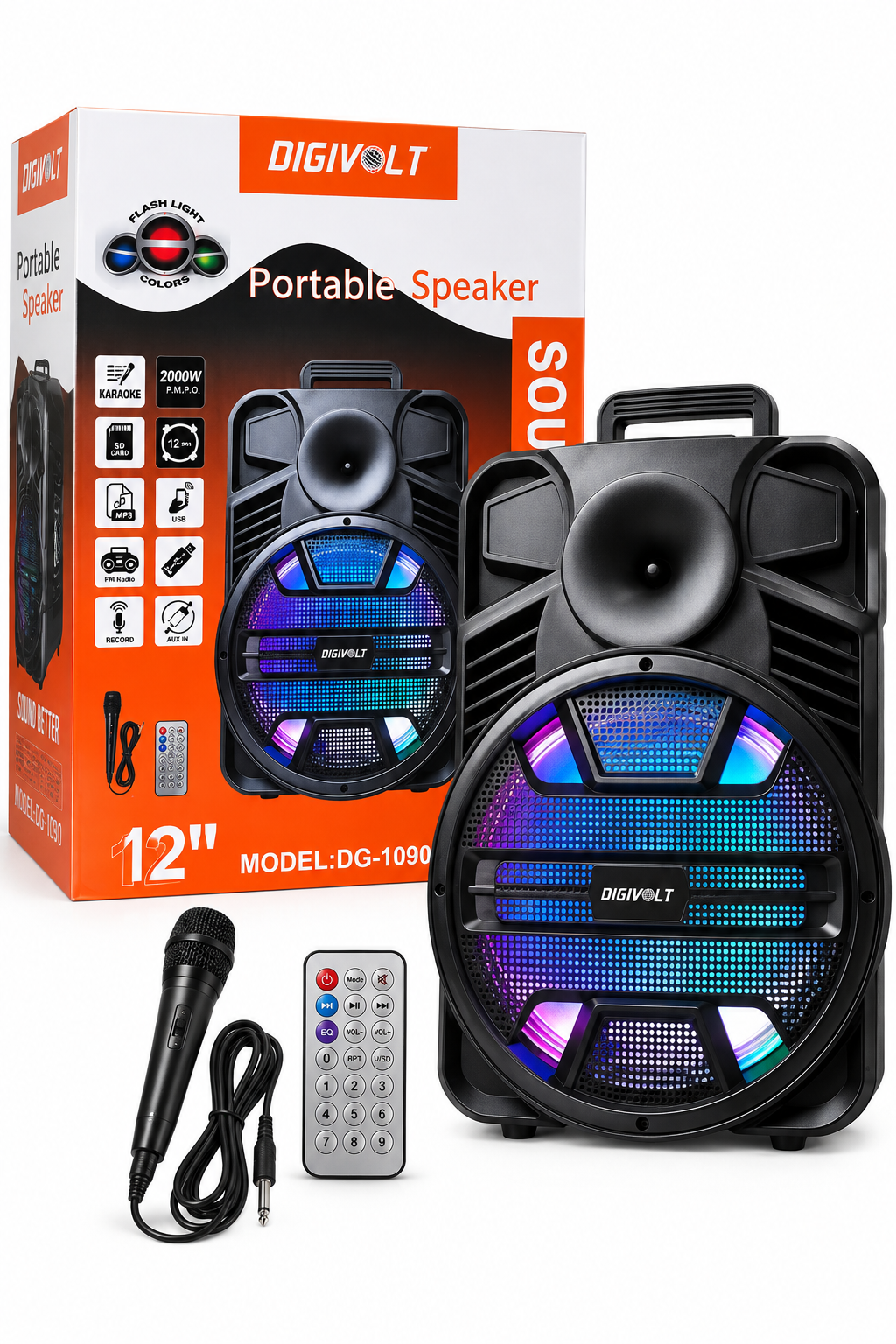 Digivolt DG-1090 12-Inch Portable Karaoke Speaker – 2000W PMPO with Flash Lights, USB, SD Card, FM Radio & Remote Control