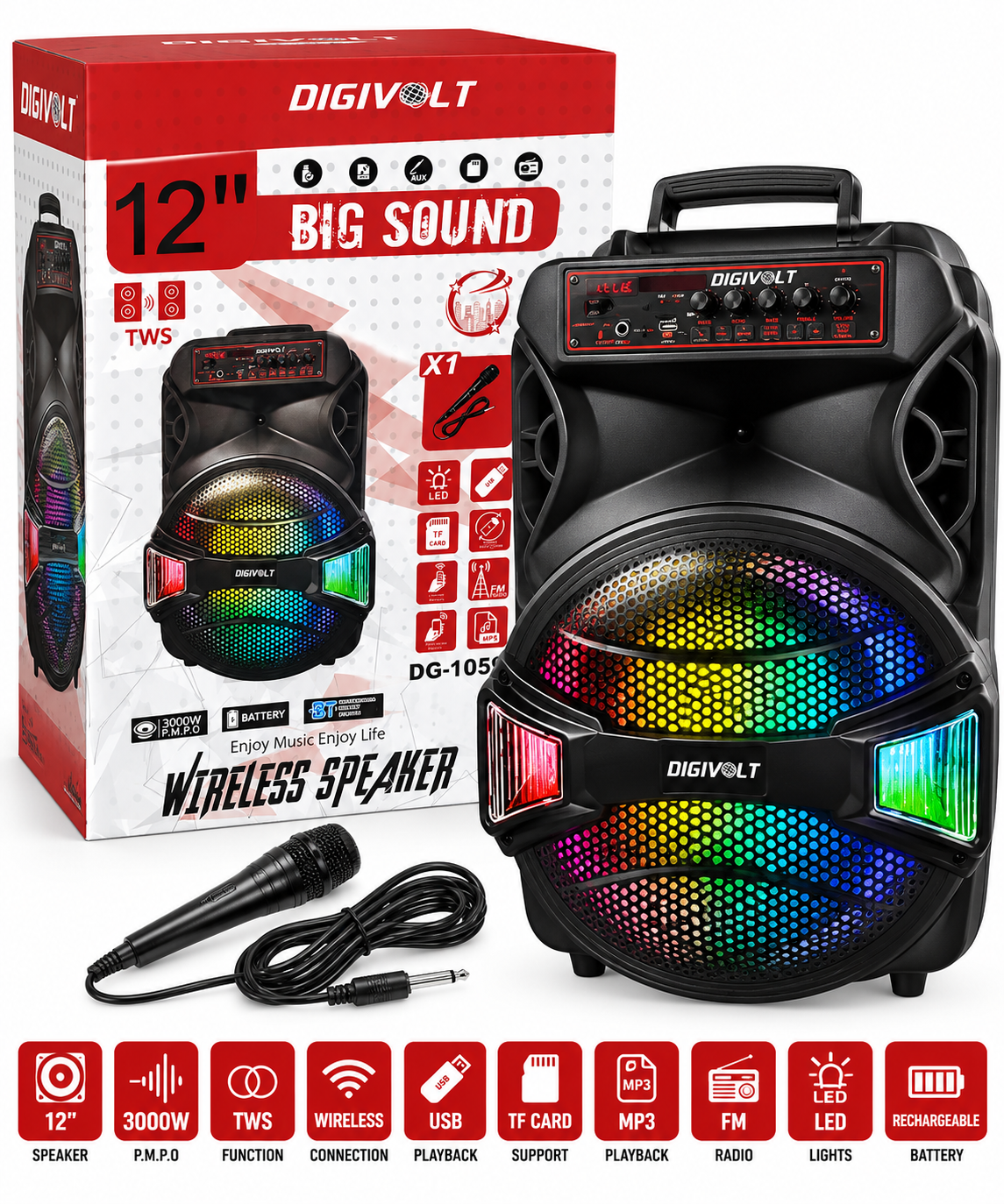 Digivolt DG-1059 12-Inch Wireless Party Speaker – 3000W PMPO with Microphone, TWS, LED Lights, USB, TF Card & FM Radio