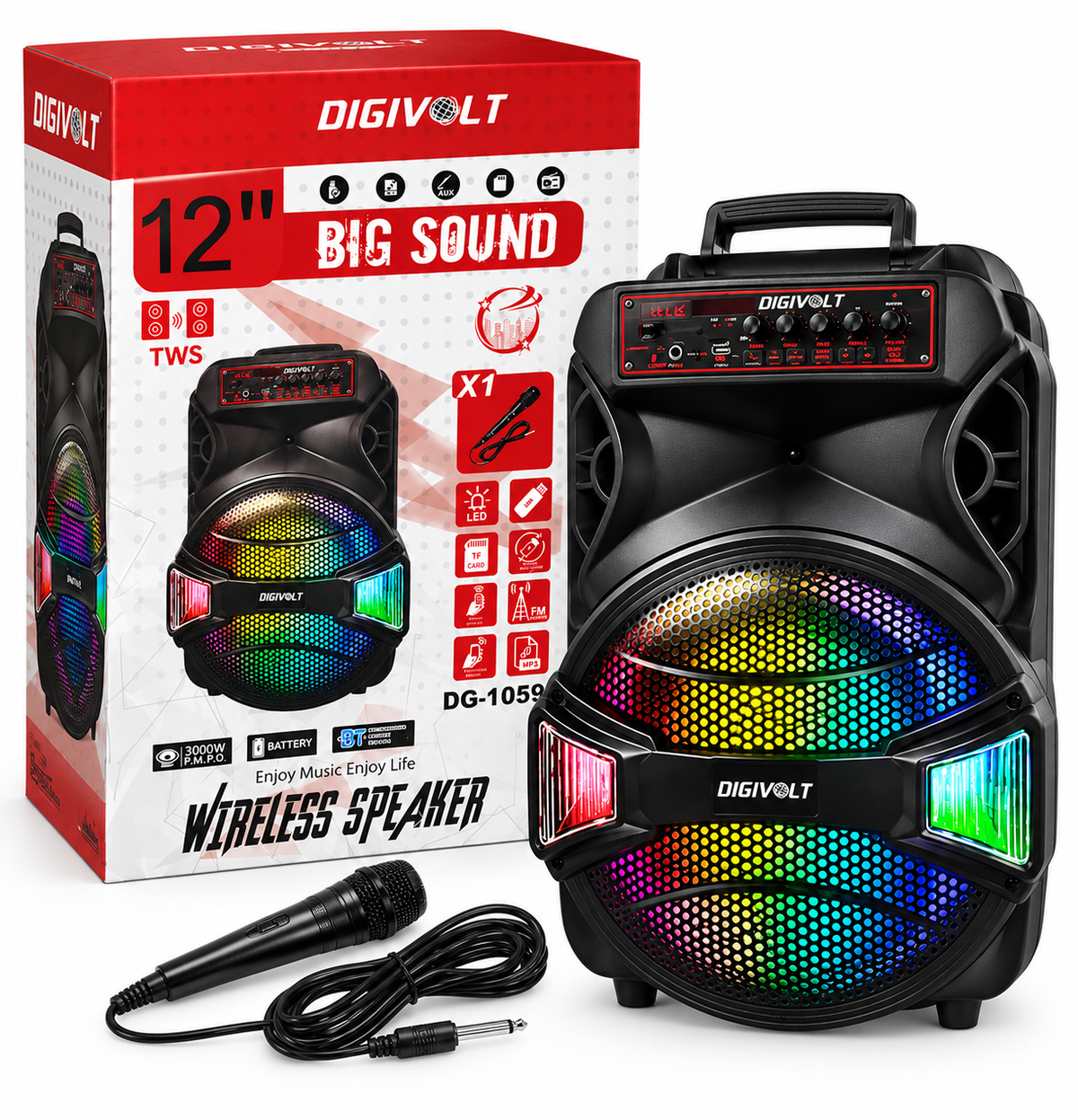 Digivolt DG-1059 12-Inch Wireless Party Speaker – 3000W PMPO with Microphone, TWS, LED Lights, USB, TF Card & FM Radio