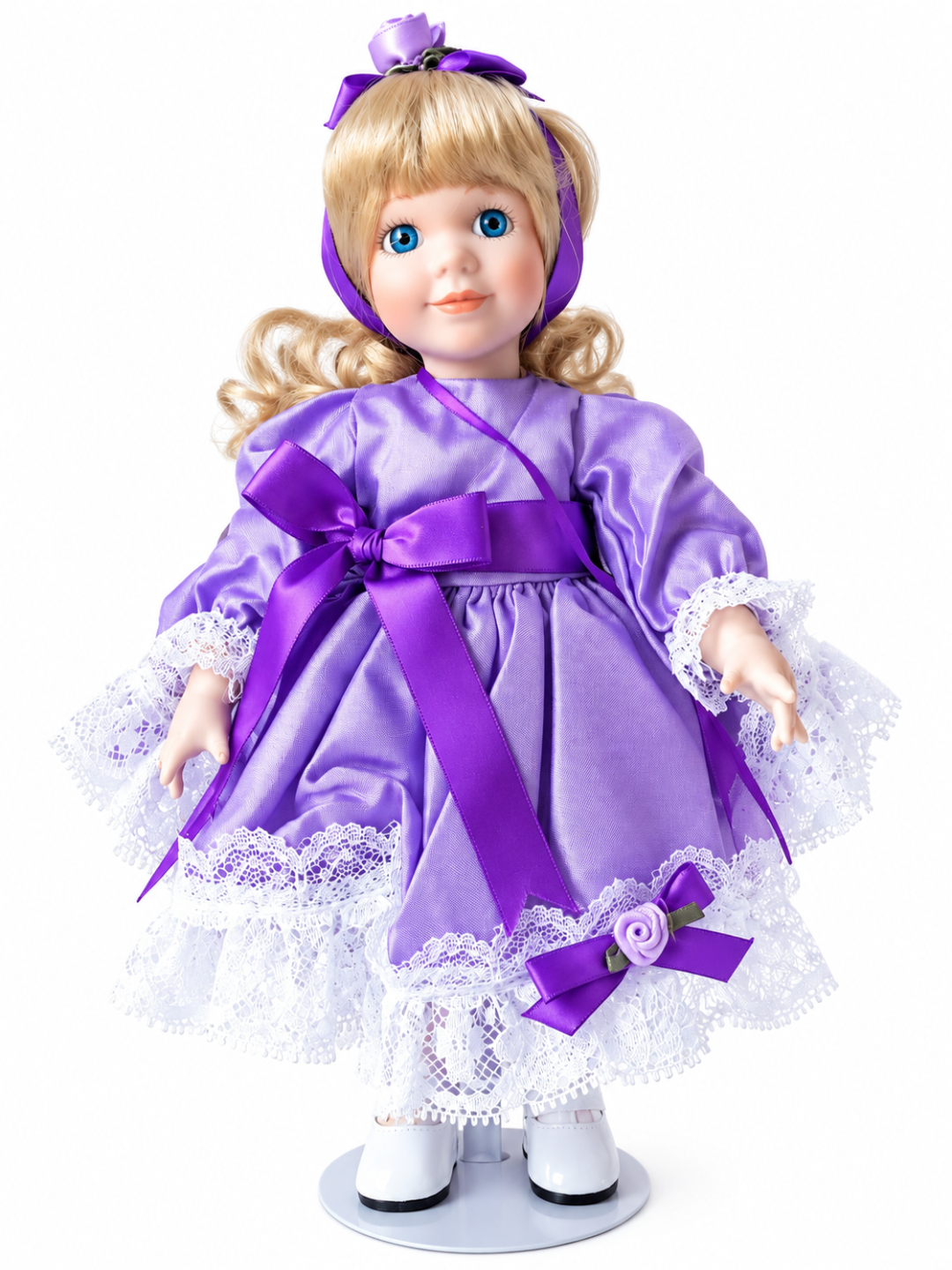 The Little Jewel Collection February Birthday Porcelain Doll – 11" Purple Satin Dress with Bows & Shoes