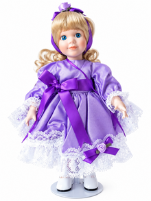 The Little Jewel Collection February Birthday Porcelain Doll – 11" Purple Satin Dress with Bows & Shoes