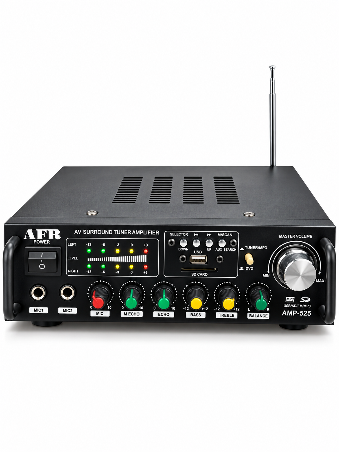 AFR AMP-525 AV Surround Tuner Amplifier with USB, SD Card, FM Radio, Mic Inputs & Karaoke Controls