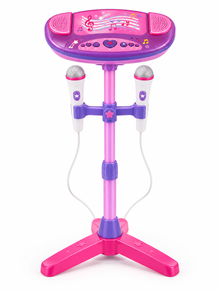 Kids Karaoke Microphone Stand with 2 Microphones, Built-In Music, Voice Effects & Flashing Lights – Adjustable Singing Toy