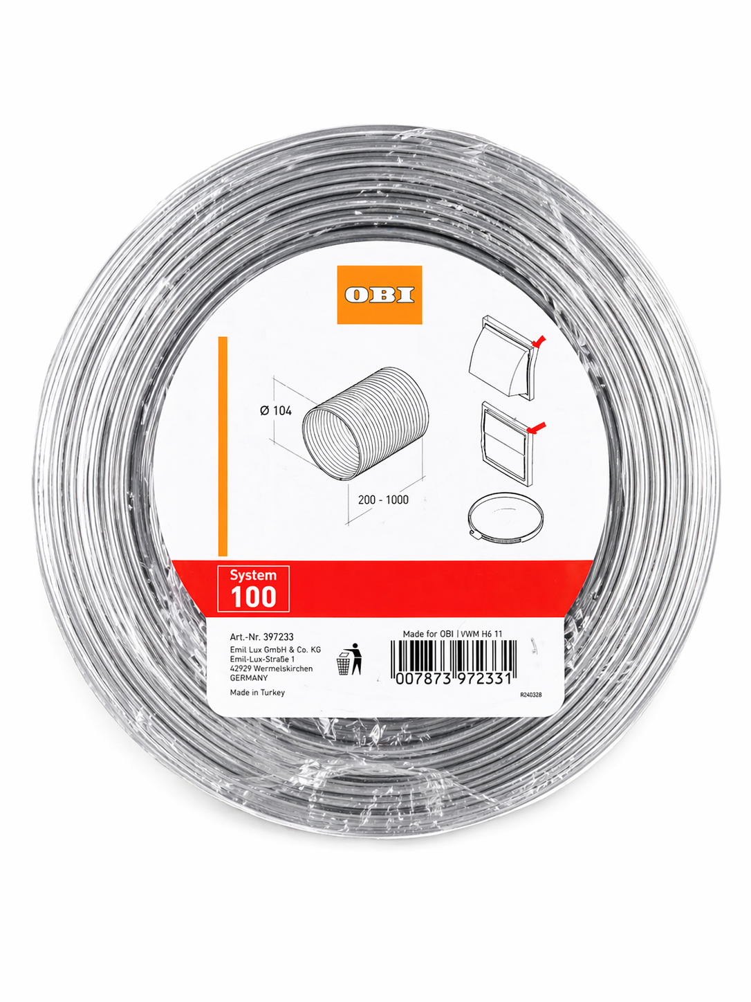 OBI Gaine de ventilation flexible en aluminium Ø100mm (10cm) – Conduit d'air extensible pour l'extraction, la climatisation et la ventilation de cuisine