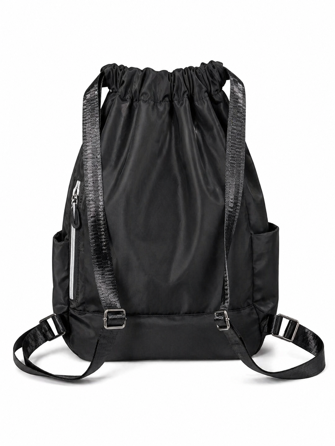 Black Drawstring Backpack with Zipper Pocket – Lightweight Nylon Casual Travel Bag (43x36cm)