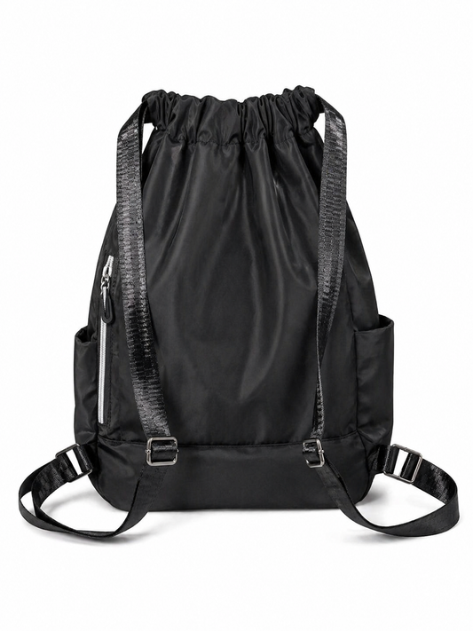 Black Drawstring Backpack with Zipper Pocket – Lightweight Nylon Casual Travel Bag (43x36cm)