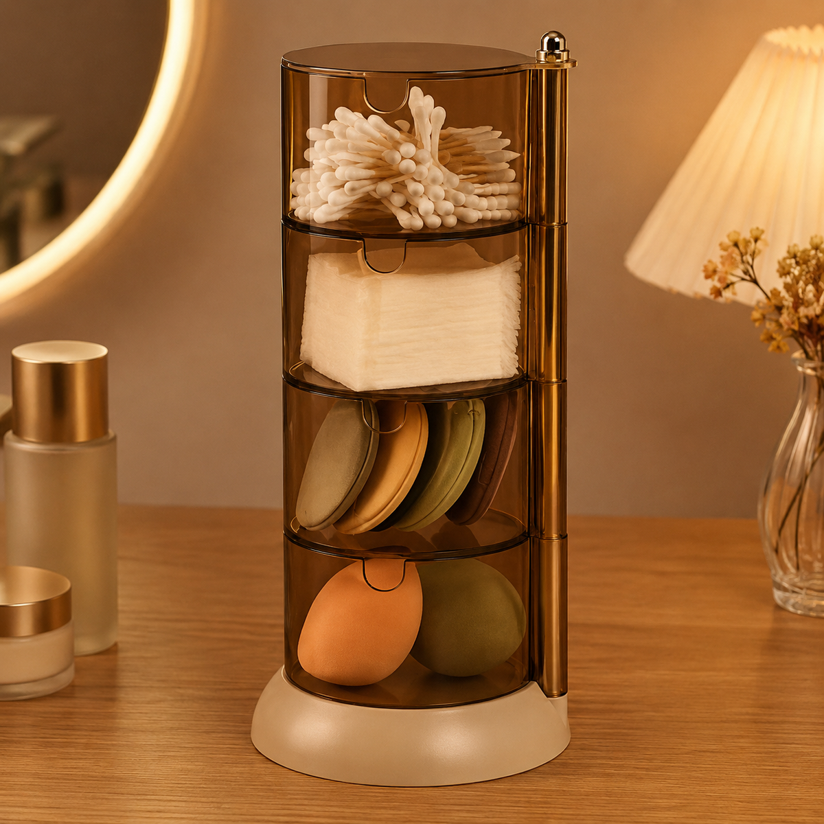 360° Rotating Acrylic Makeup & Jewelry Organizer – 4-Tier Cosmetic Storage Tower for Cotton Pads, Swabs, Beauty Accessories & Small Items