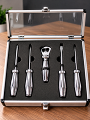 Chrome-Plated Collector’s Screwdriver & Tool Set – 5-Piece Display Case Set with Bottle Opener
