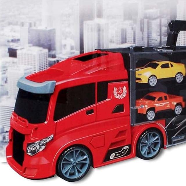 City Truck Transport Car Carrier Play Set – Large Toy Truck Hauler with City Vehicles & Helicopter – Storage & Carry Handle – Perfect City Toys for Boys & Girls