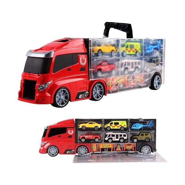 City Truck Transport Car Carrier Play Set – Large Toy Truck Hauler with City Vehicles & Helicopter – Storage & Carry Handle – Perfect City Toys for Boys & Girls