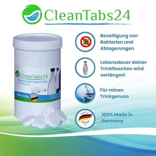 CleanTabs24 Water Bottle Cleaner Tablets 100 x 3g – Ideal for SodaStream, Glass &amp; PET Bottles