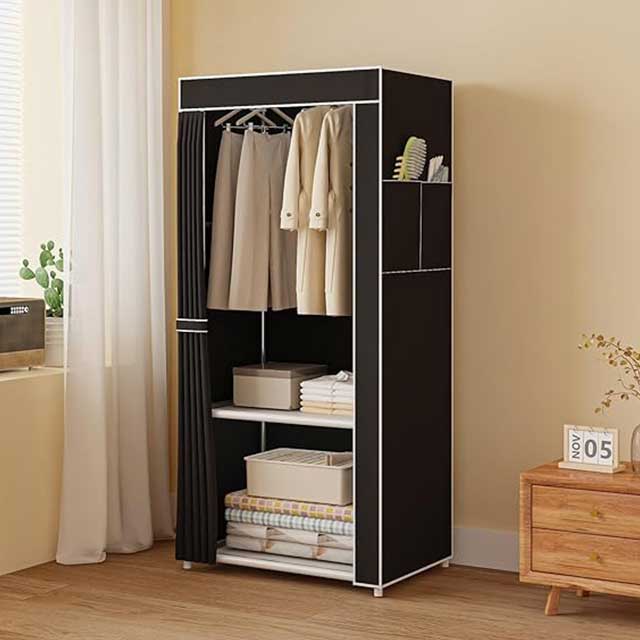 Collapsible Fabric Wardrobe Closet – Portable Black Storage Organizer with Dustproof Curtain, Hanging Rod & Metal Frame | Space-Saving & Easy to Assemble