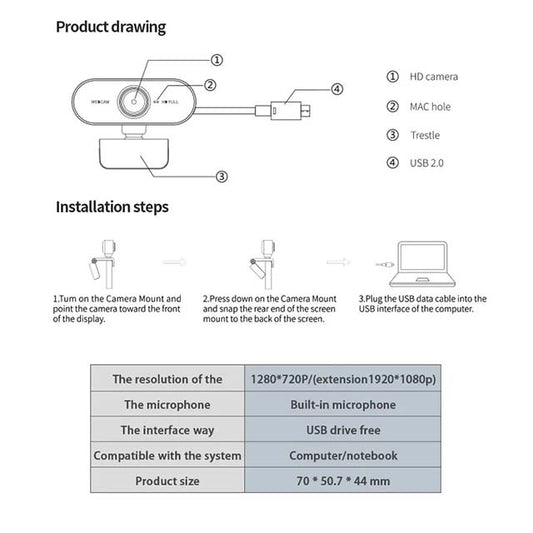 1080P Full HD Computer Network Camera- Microphone USB Plug PC Mac Laptop Desktop Live Video Call Work Mini Camera