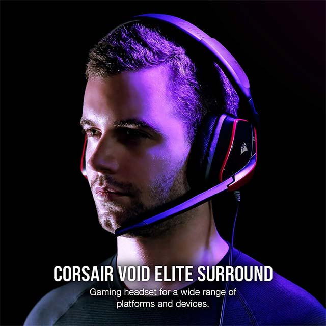 Corsair Void Elite Surround Gaming Headset – Premium Cherry Red Edition with 7.1 Virtual Surround Sound for Immersive Gaming Audio Experience