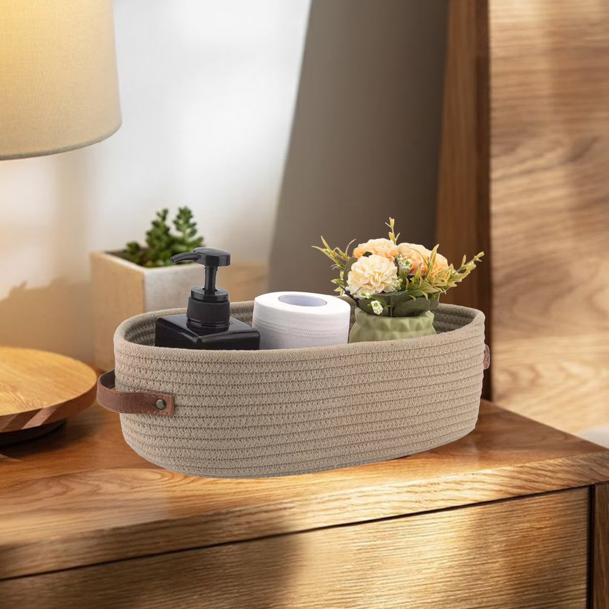 Oval Woven Bathroom Storage Basket – Multifunctional Desktop Organizer & Toilet Paper Holder – Stylish Rope Toy Basket (White/Blue/Khaki/Grey)