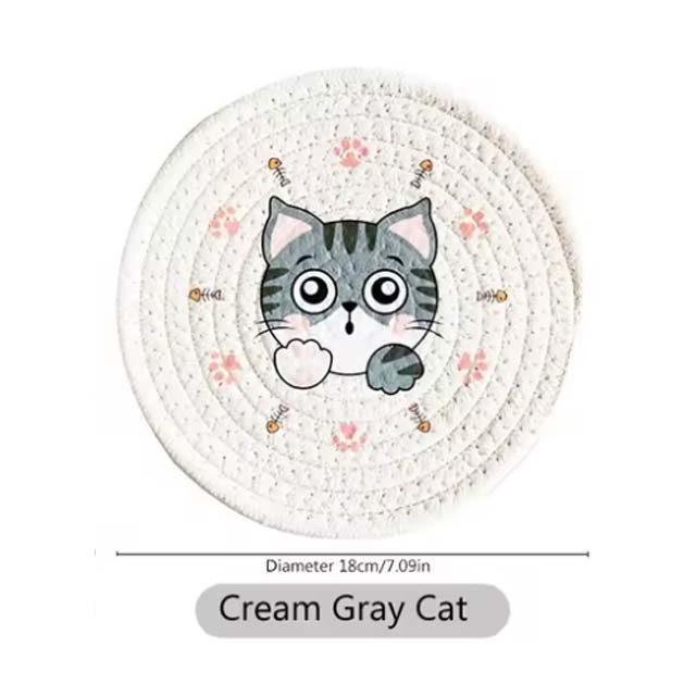 Printed Cat Design Heat-Resistant Pads – Round Table & Cup Mats for Home & Kitchen Use