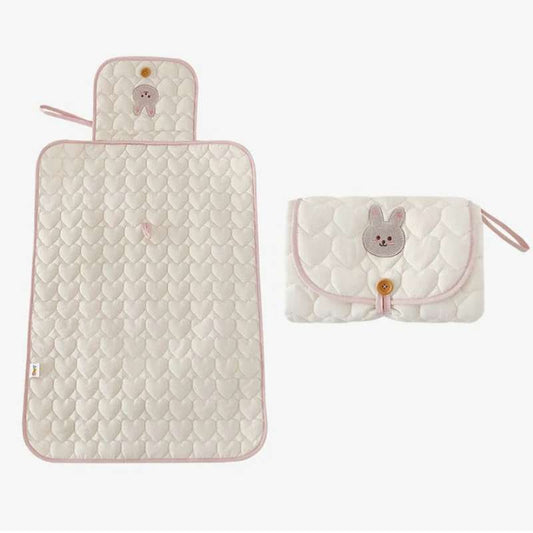 Cream Bear Portable Diaper Changing Pad & Pouch – 2-in-1 Foldable Travel Changing Mat – Breathable Waterproof Surface with Adjustable Carrying Strap – Essential Baby Diapering Kit for Short Trips (Rabbit / Bear Designs)