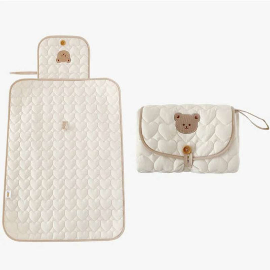 Cream Bear Portable Diaper Changing Pad & Pouch – 2-in-1 Foldable Travel Changing Mat – Breathable Waterproof Surface with Adjustable Carrying Strap – Essential Baby Diapering Kit for Short Trips (Rabbit / Bear Designs)