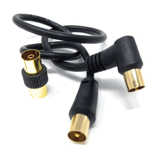 DRUT 40cm Short TV RF Coaxial Cable – Right Angle Male-to-Male Aerial Antenna Cord with Female Coupler, Gold Connectors, 75 Ohm, 3C2V, Black (1.3ft)