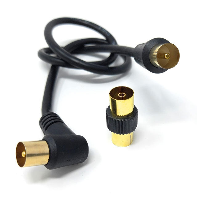 DRUT 40cm Short TV RF Coaxial Cable – Right Angle Male-to-Male Aerial Antenna Cord with Female Coupler, Gold Connectors, 75 Ohm, 3C2V, Black (1.3ft)